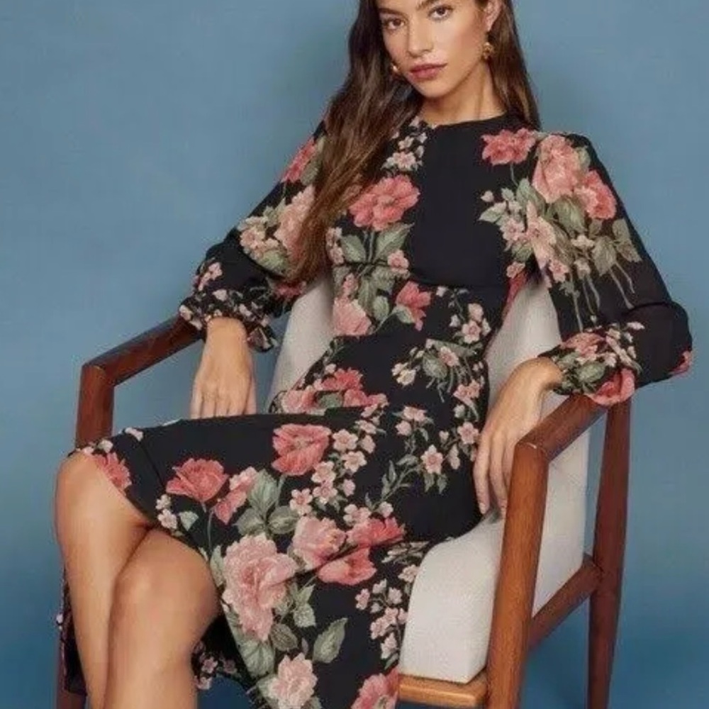 Reformation Pink and Orange Sheath Dress with Ruffled 3/4 Bishop Sleeves